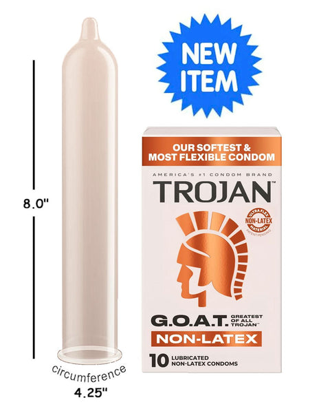Trojan Goat non-latex condom with packaging and measurements