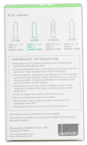 Wink Slider Size Chart